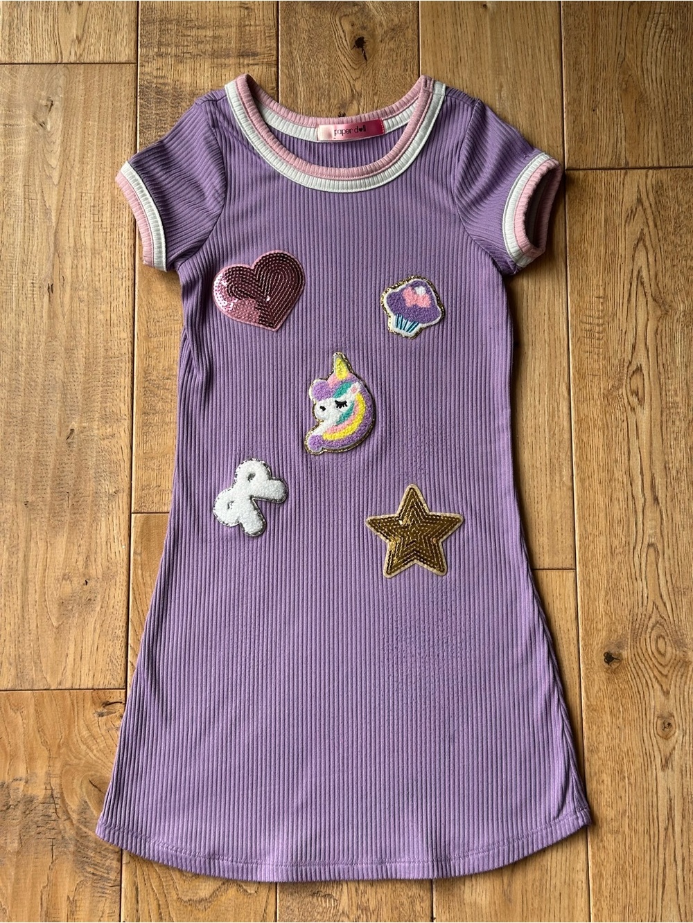 Paper Doll Icon Patch Ribbed Short Sleeve Mini Dress size 7/8